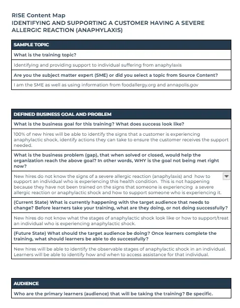 A sample of the business goal and problem section.